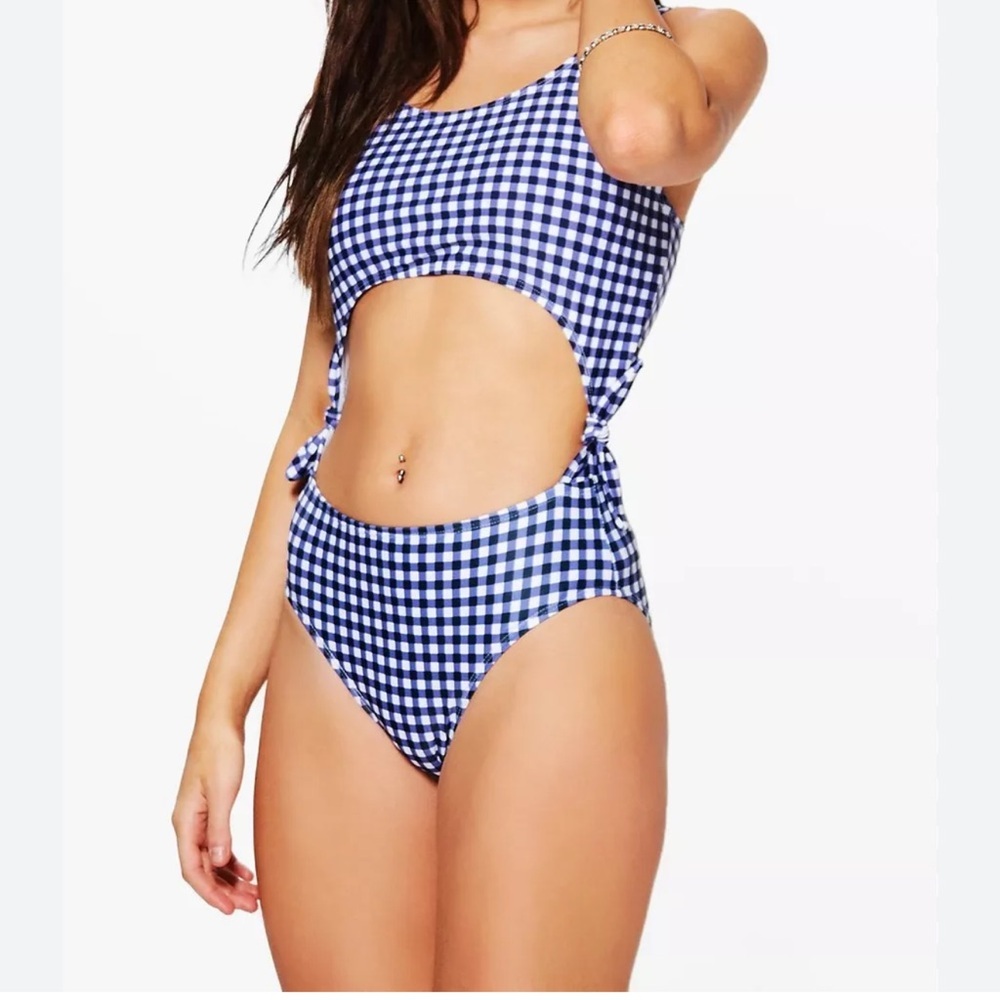 Boohoo Navy Purple White Gingham Swimsuit New One Piece Side Tie Cut Out 4
